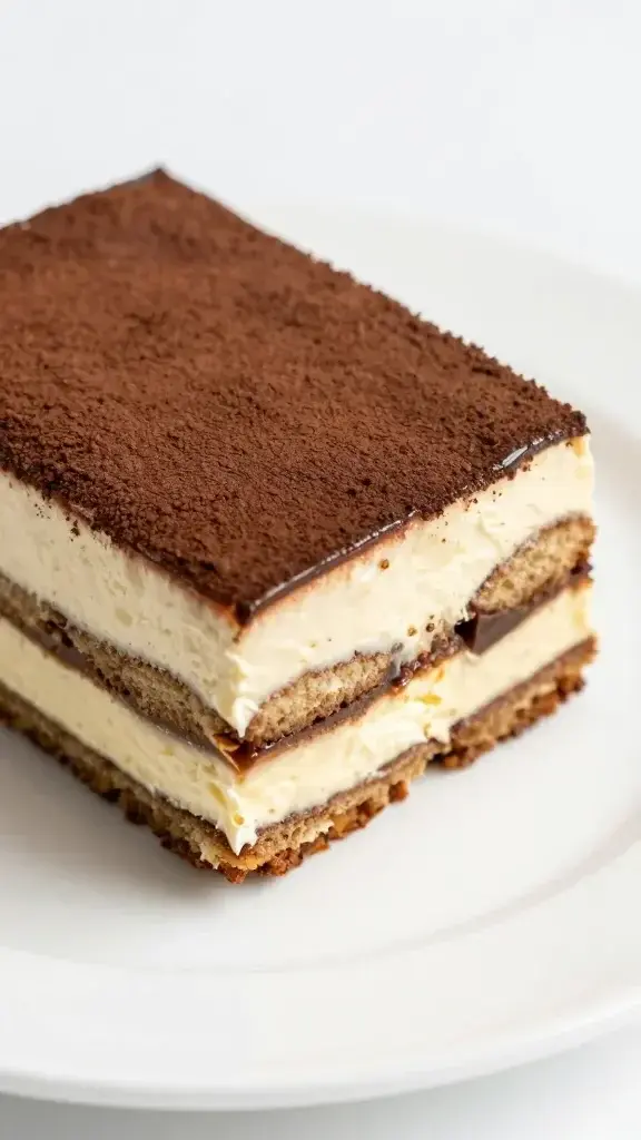 Closeup of glossy tiramisu cake slice on white plate