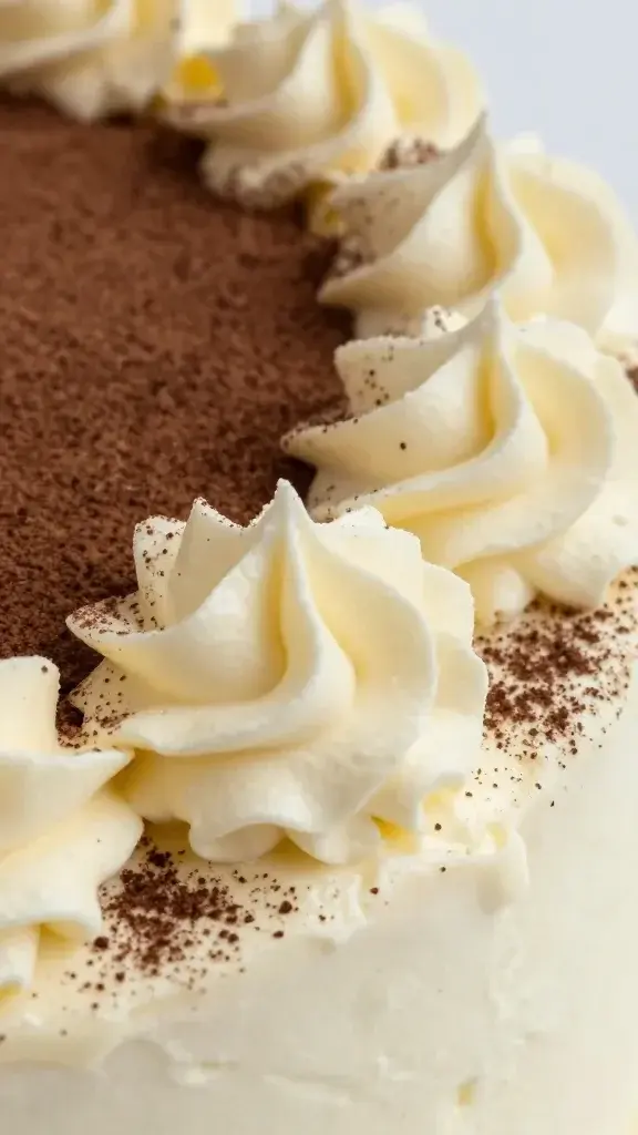 Closeup of mascarpone cream swirled atop cake edge, cocoa dusting
