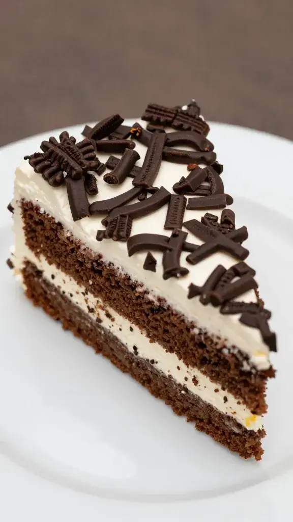 Closeup of a single Black Forest cake slice on a white plate