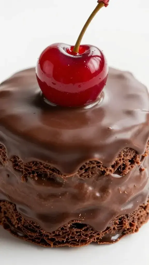 Focused shot of a single chocolate-cherry layer, gleaming glaze