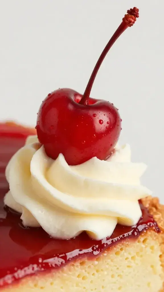 Macro image of a single cherry with cream swirl on cake edge