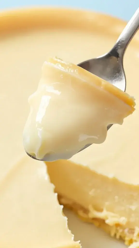 Closeup of creamy cheesecake filling being scooped with a silver spoon