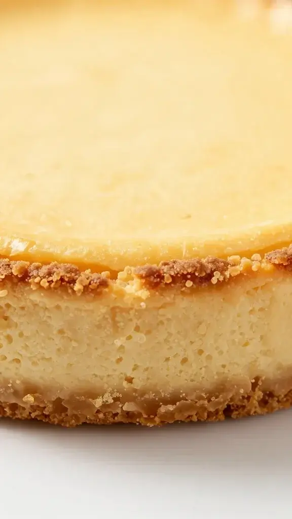 Closeup of a single cheesecake crust edge with a crisp golden-brown texture