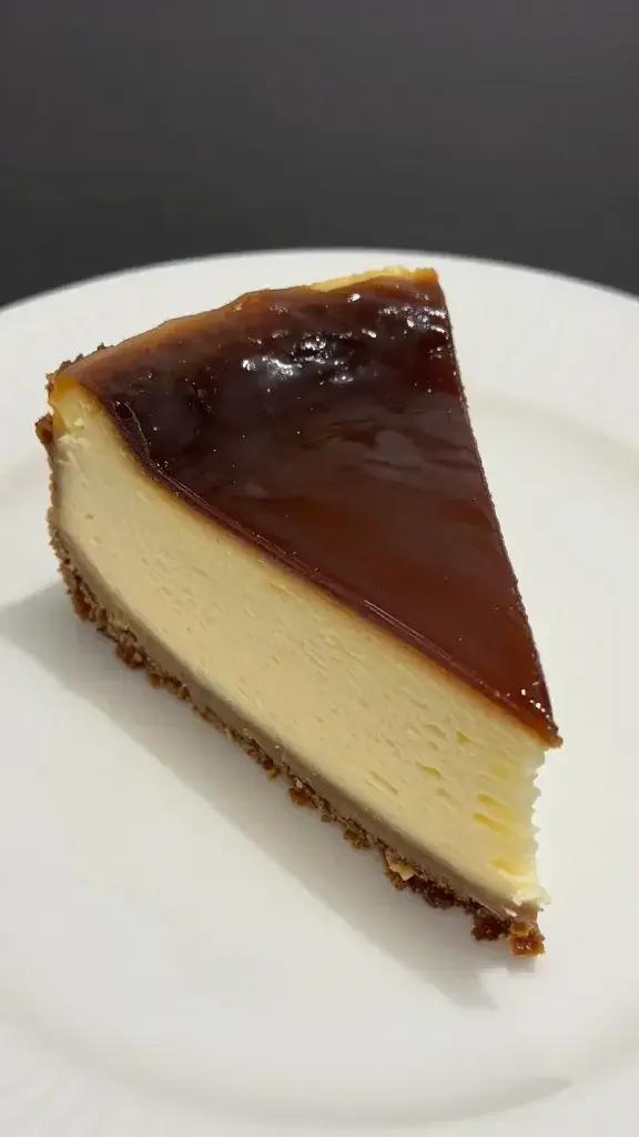 Closeup of a tall, velvety cheesecake slice on a white plate with subtle shadow