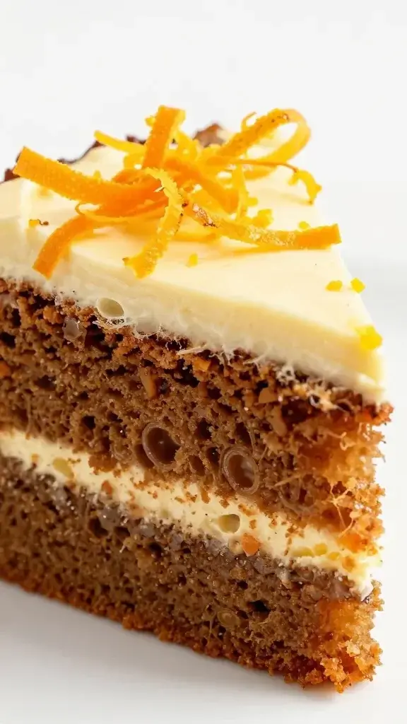 Closeup of a single moist carrot cake slice with orange zest curls