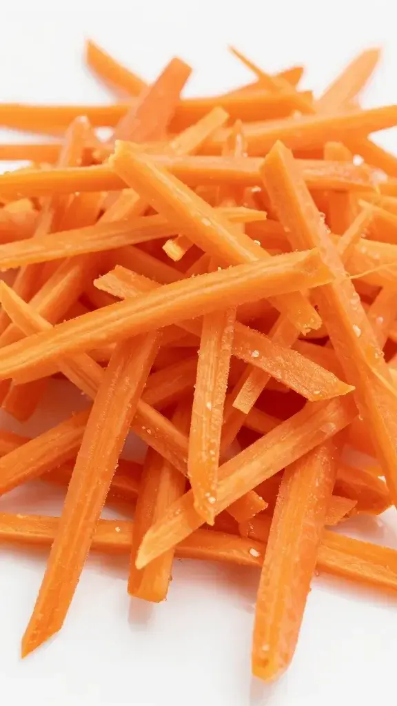 Closeup of grated fresh carrots on a white surface, vivid orange hues