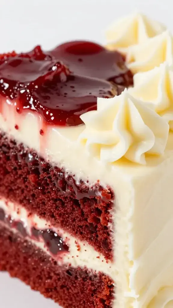 closeup of glossy red velvet cake slice with cream cheese frosting