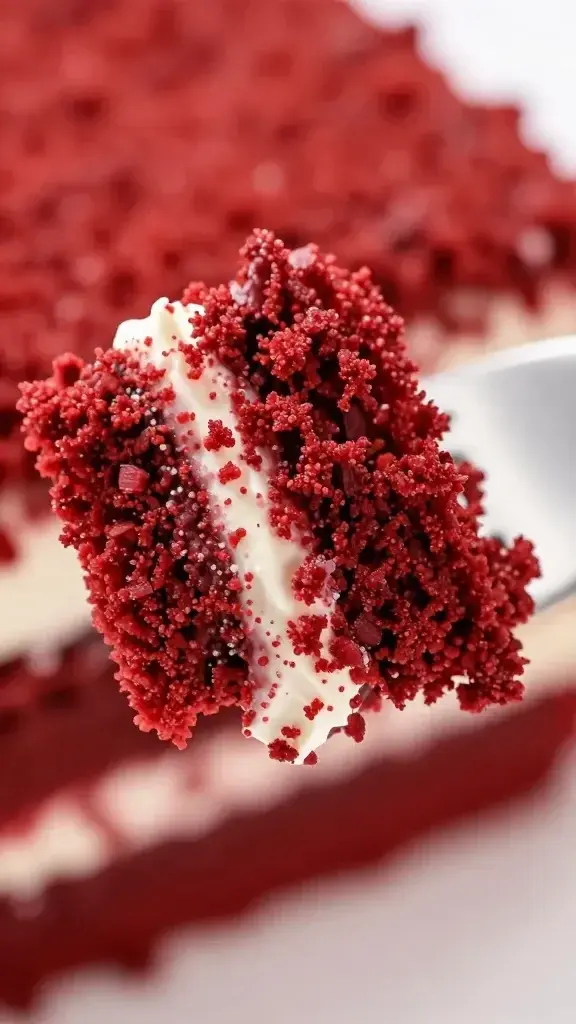 closeup of red velvet cake crumb texture on fork