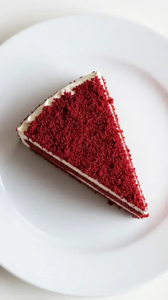 top-down closeup of single red velvet cake slice on white plate with soft lighting