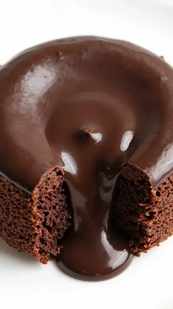 Closeup of a single molten chocolate lava cake, glossy surface, centered oozy core