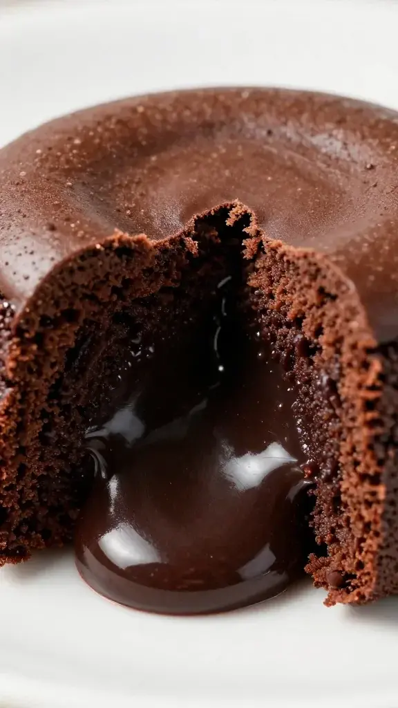 Closeup of a single chocolate lava cake cut open, flowing center, rich shine