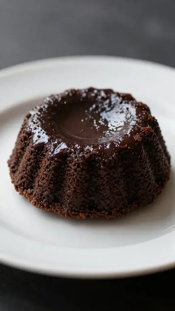 Closeup of a single glossy lava cake resting on white plate, dramatic depth of field