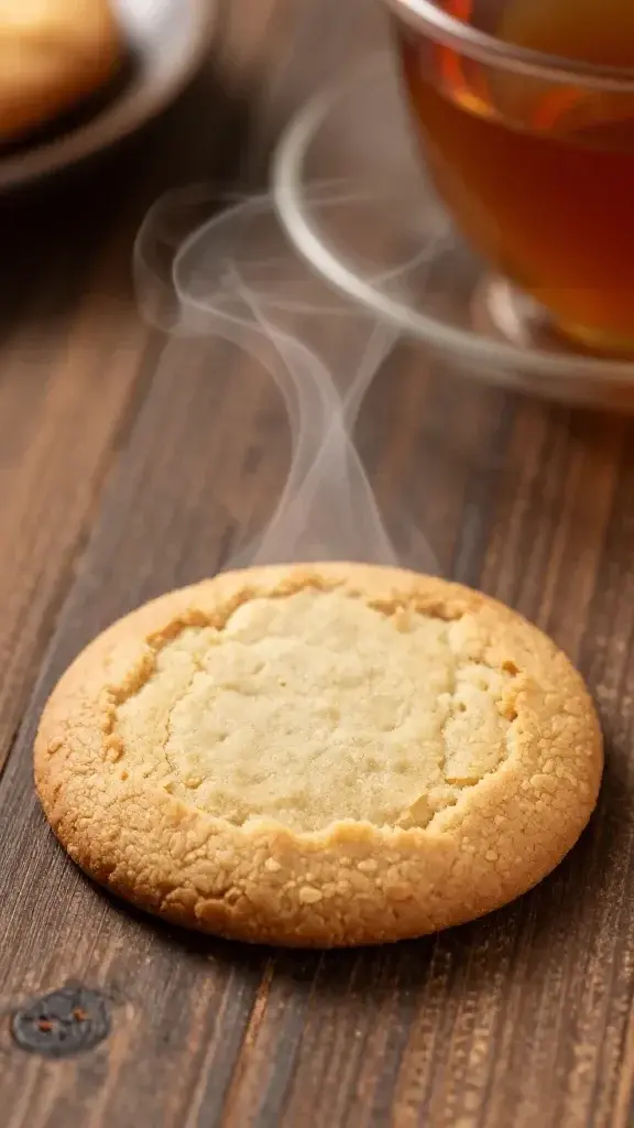 Closeup of a single cookie on a rustic wooden table with steam from tea