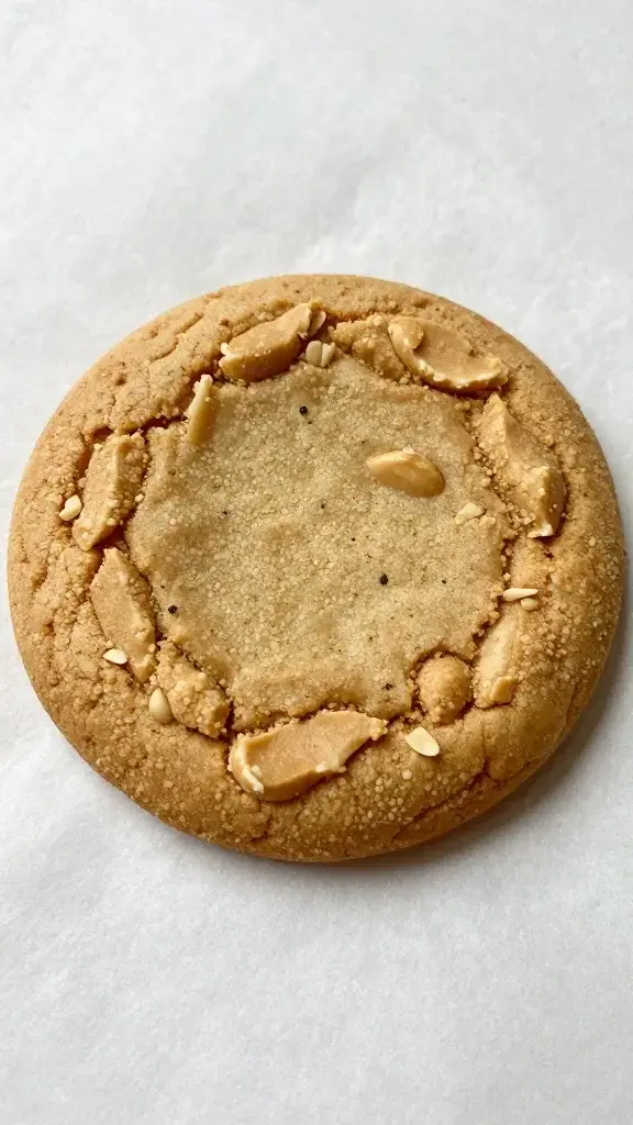 closeup of a single peanut butter cookie on parchment paper