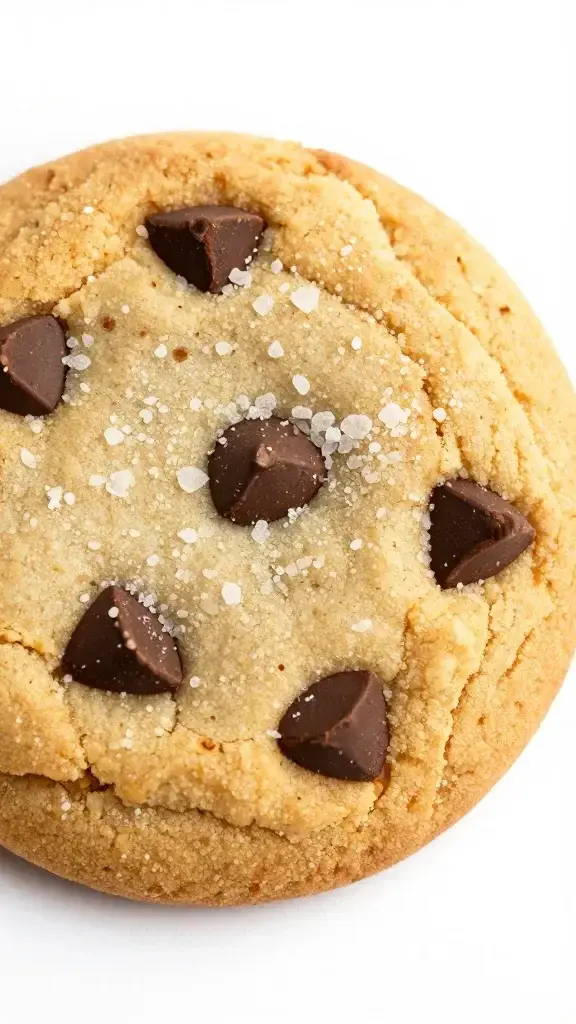closeup of a single cookie with chocolate chips and a salt sprinkle