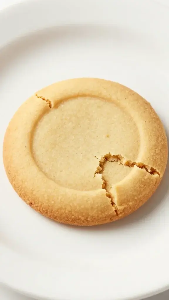 Closeup of a single shortbread cookie with crumbling sandy center on white plate