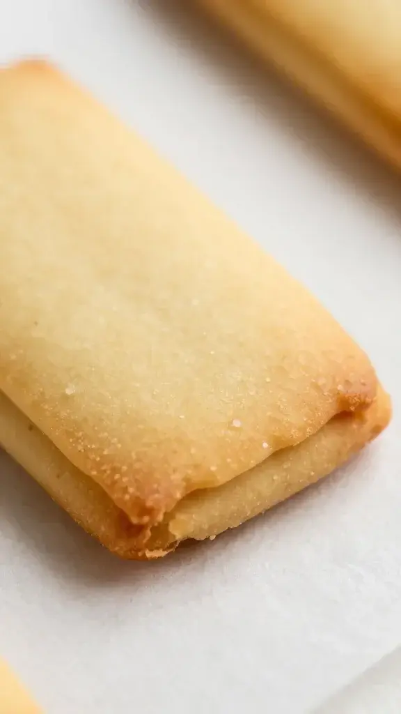 Macro shot of a single pale-gold shortbread edge, sharp crust and soft center on parchment
