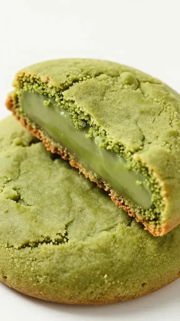 Closeup of a single matcha white chocolate cookie cross-section