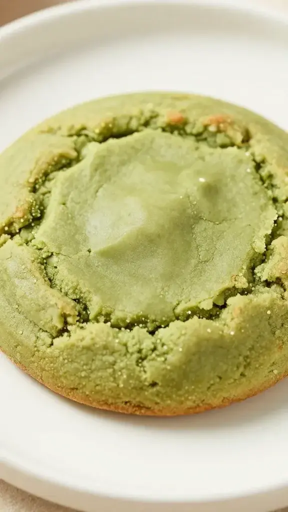 Closeup of a single soft-chewy matcha white chocolate cookie resting on a plate