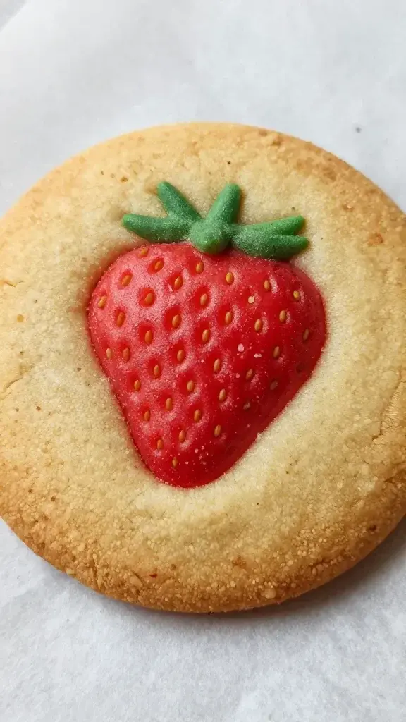 Closeup of a single cake-mix strawberry cookie on parchment