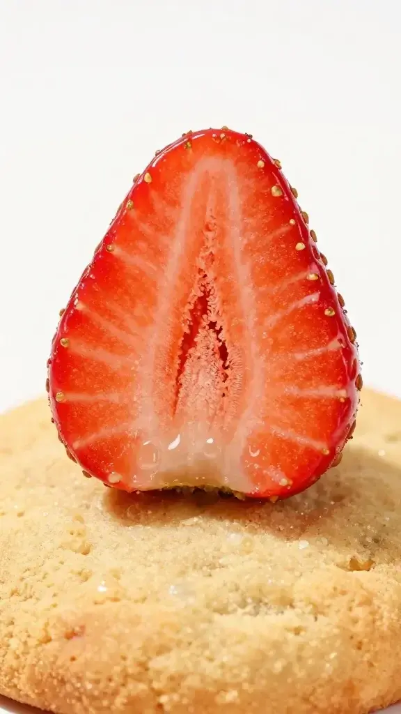 Macro shot of a single strawberry piece resting atop a warm cookie