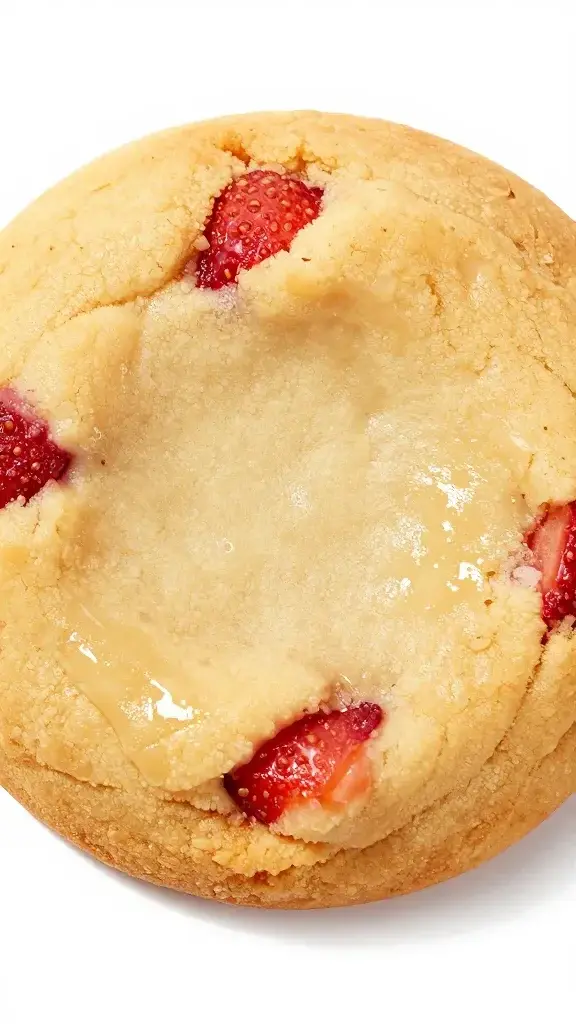 Portrait-style closeup of one glossy, soft-center cookie with visible strawberry bits