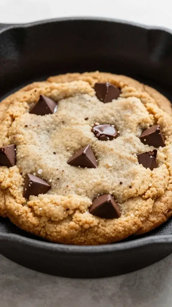 Closeup of a single 6-inch cast-iron skillet with gooey chocolate chip cookie