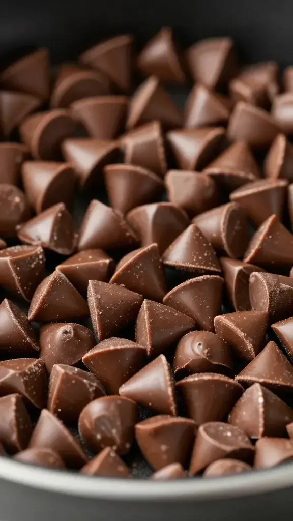 Closeup of melted chocolate chips overflowing from tiny skillet