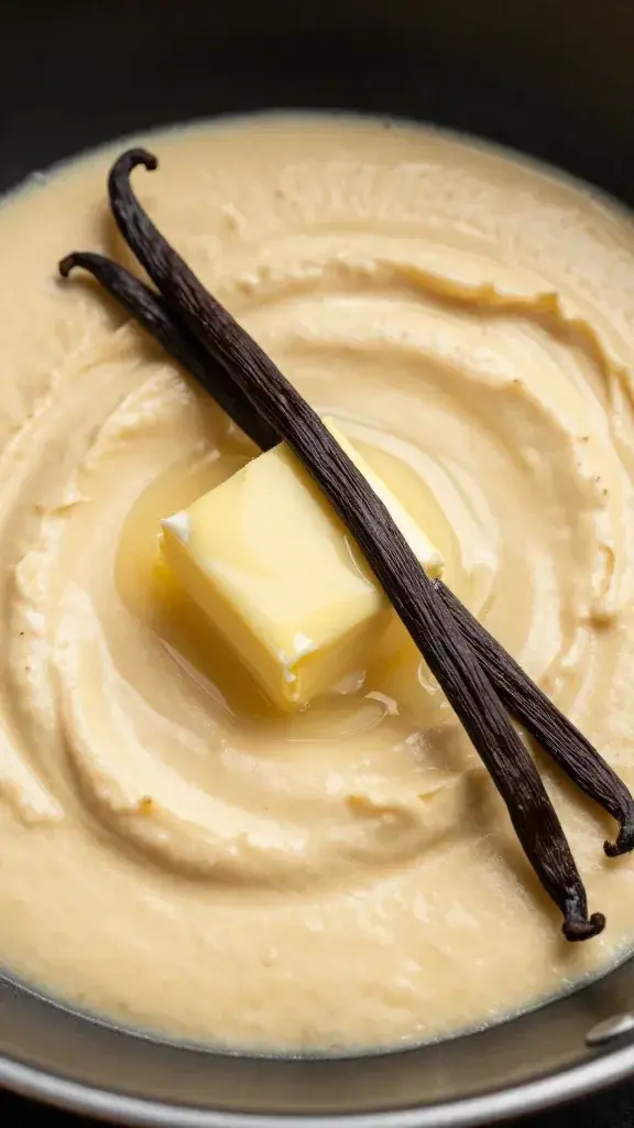 Closeup of a vanilla bean, a pat of melting butter, and cookie batter in skillet (single subject)