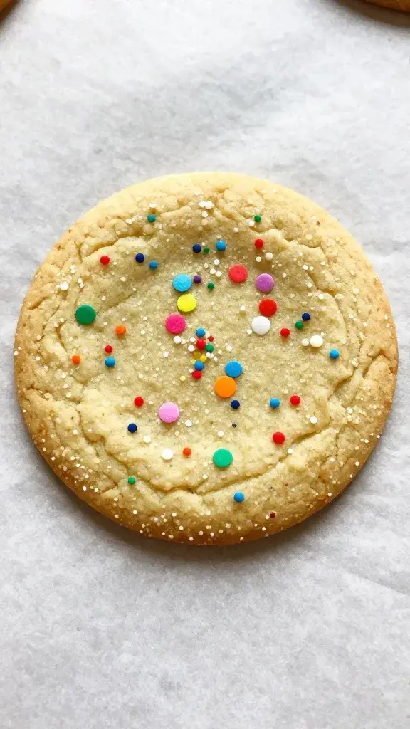 Closeup of a single confetti sugar cookie on parchment paper