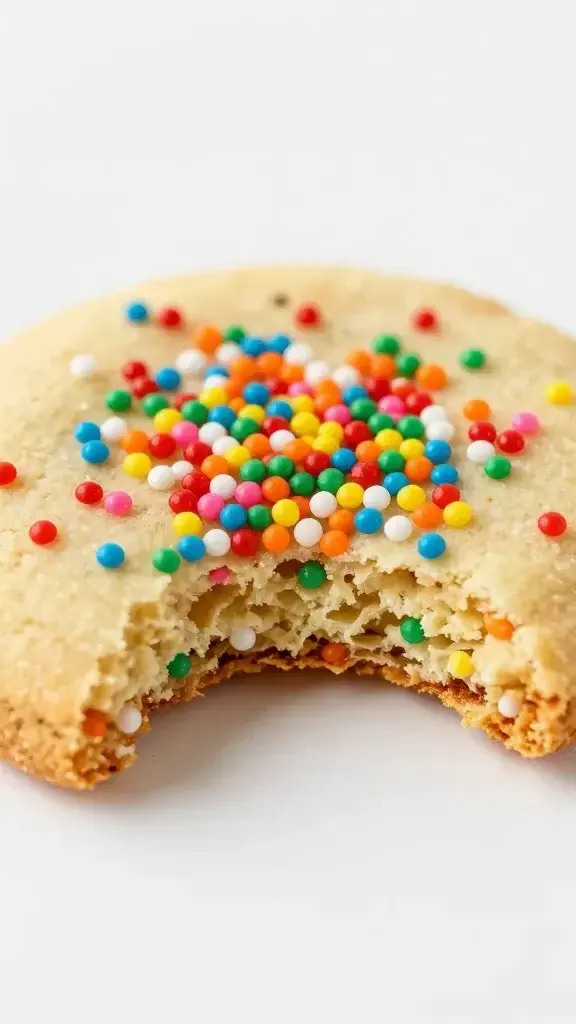 Closeup of one rainbow-sparkle sugar cookie bite with bite taken