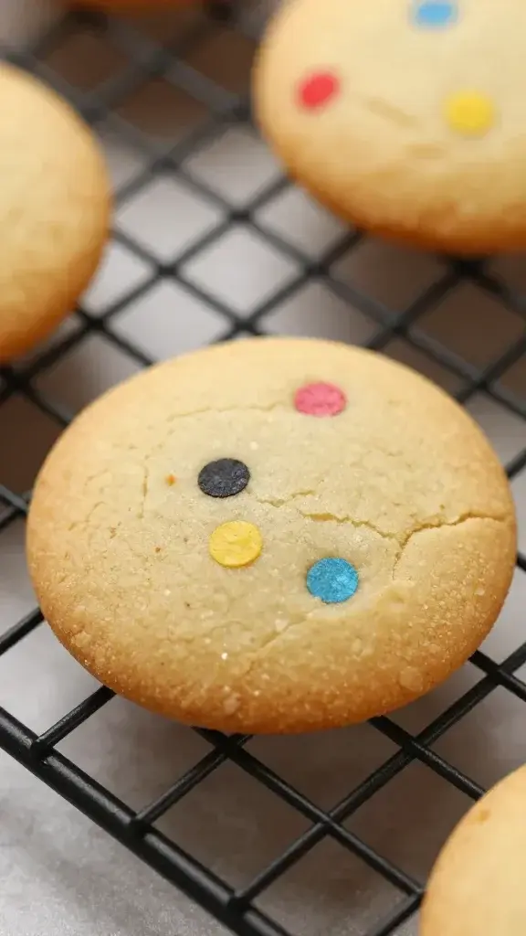 Closeup of a single warm, soft-centered confetti cookie on cooling rack