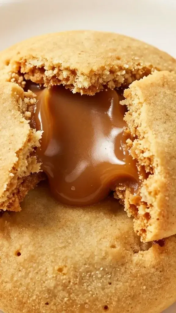 Closeup of cookie butter stuffed cookie crack with gooey core