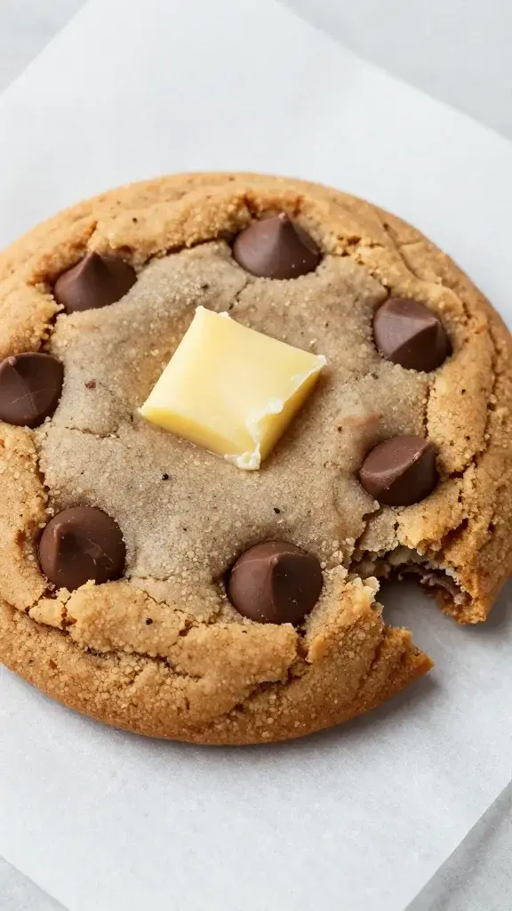 Closeup of a single brown butter chocolate chip cookie half-broken on parchment