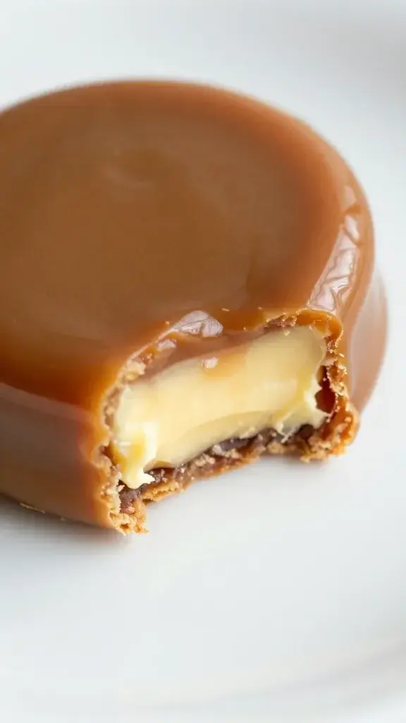Closeup of a glossy brown butter caramel cookie bite on white plate