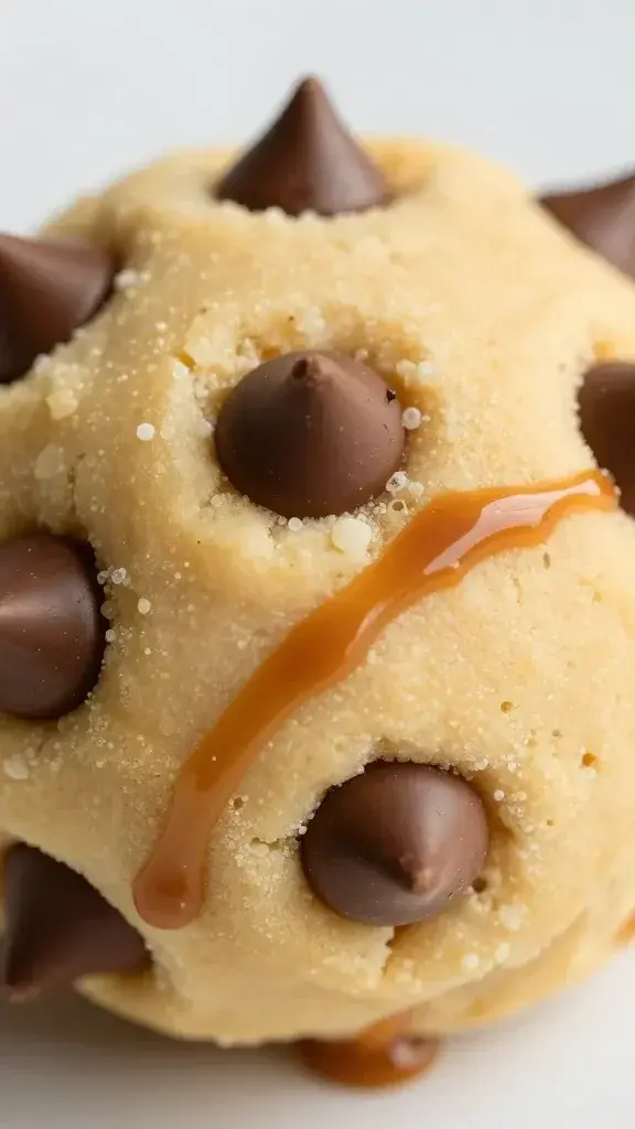 Extreme closeup of a single cookie dough ball with melted chocolate chips and caramel streaks