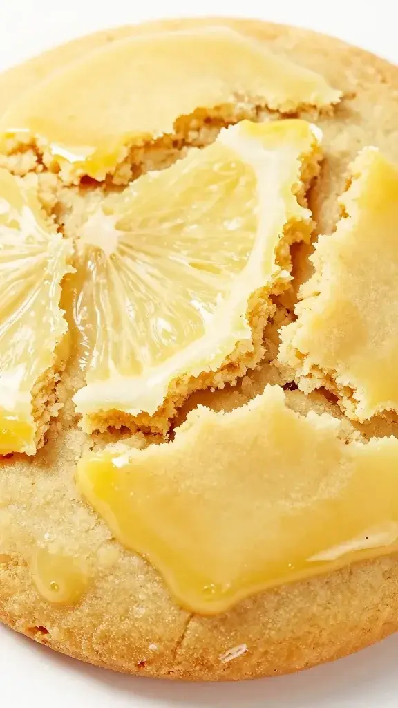 closeup of a lemon crinkle cookie cracked top, bright glaze on surface