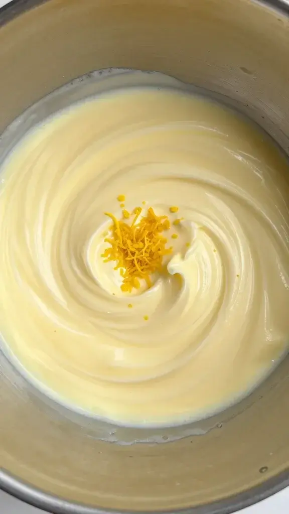 single lemon zest and butter creamy swirl in mixing bowl closeup