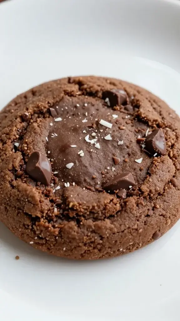 closeup of a fudgy chocolate coconut cookie on glossy surface