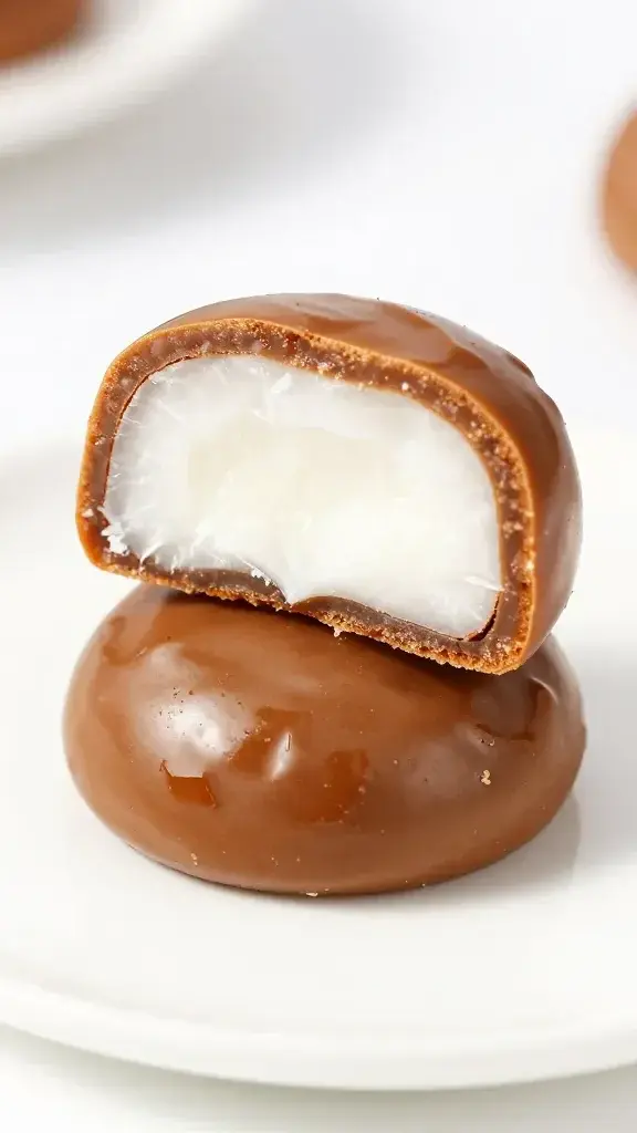 single glossy fudgy cookie cut in half, showing coconut interior