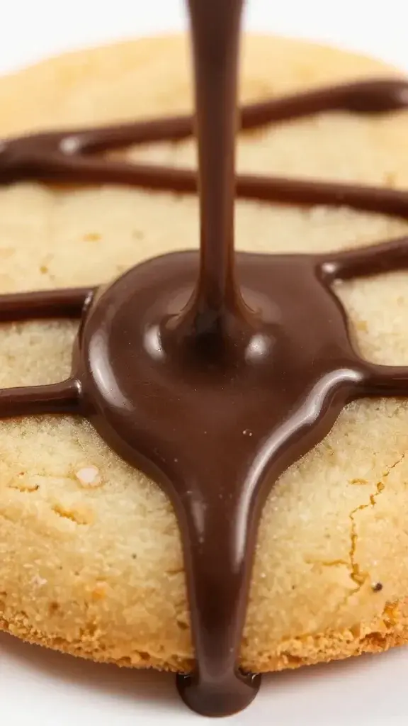 closeup of melted chocolate drizzle over a single cookie bite