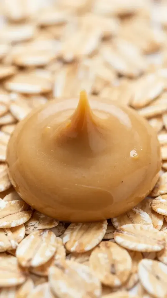 macro shot of smooth peanut butter scoop with oats