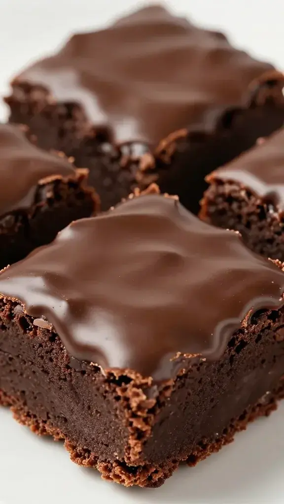 closeup of triple chocolate brownie with glossy ganache