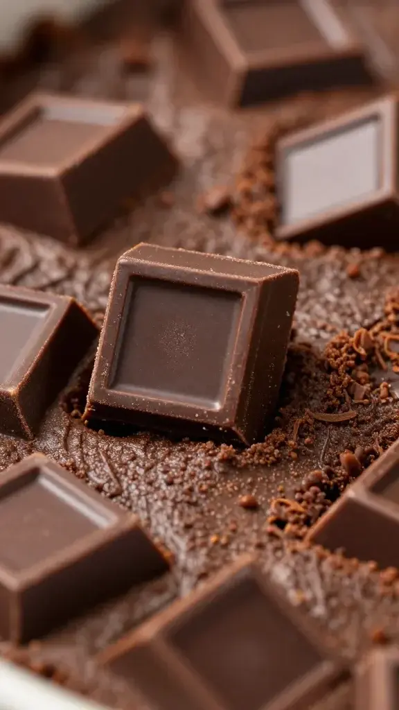 macro shot of dark chocolate chunks in brownie batter