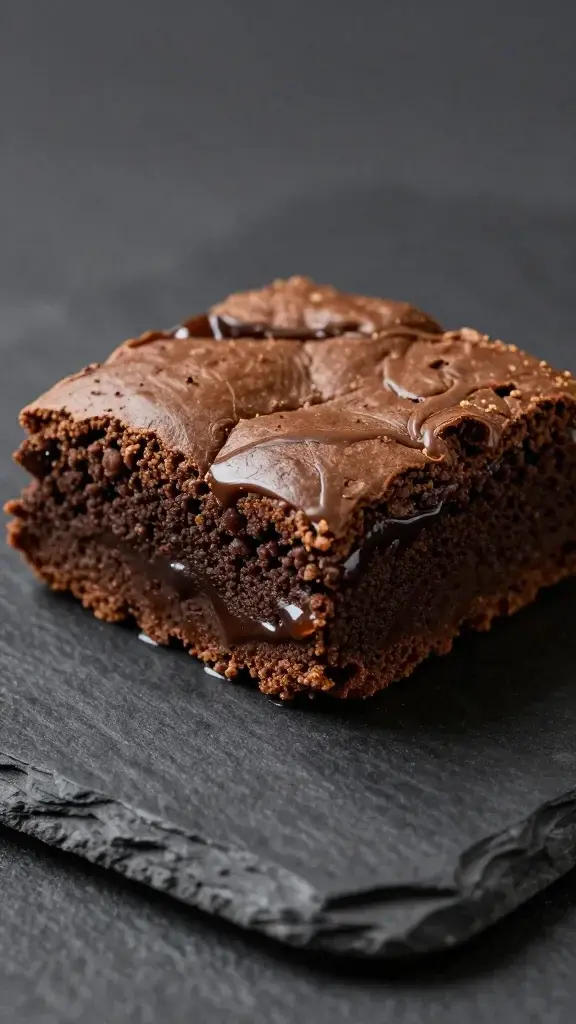 single brownie slice against dark slate, ganache reflection closeup