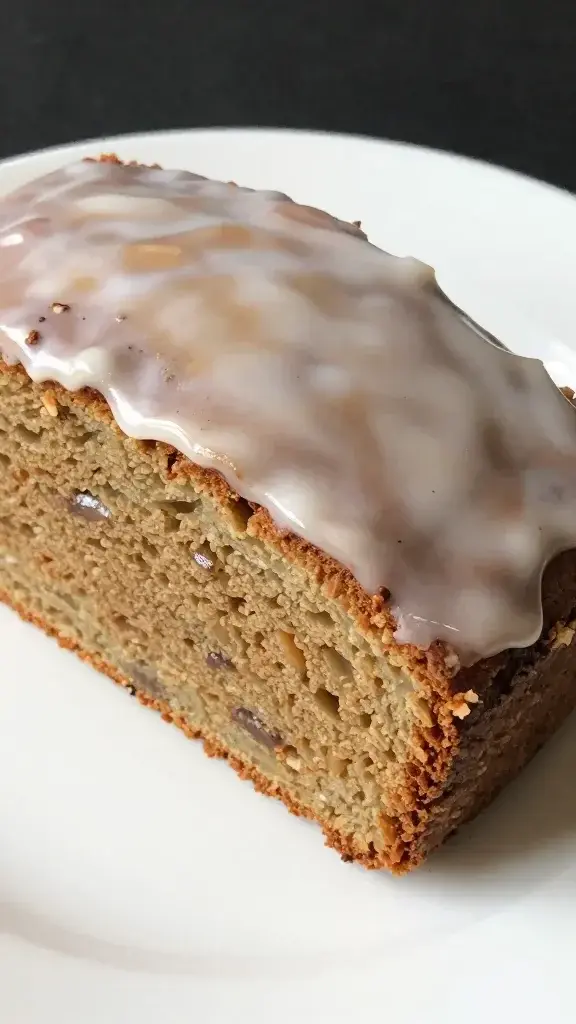 Closeup of a London Fog loaf cake slice with glaze on a white plate