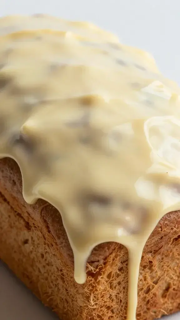 Closeup of glossy sweet cream glaze drizzling over a lemon Earl Grey loaf