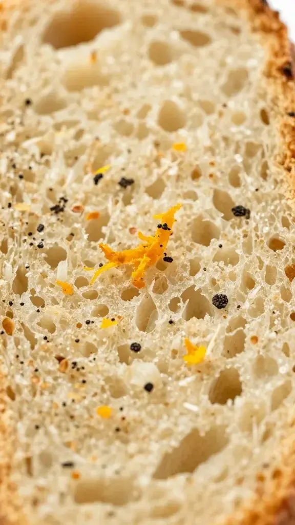 Macro shot of citrus zest specks and tea-infused crumb in a single loaf slice