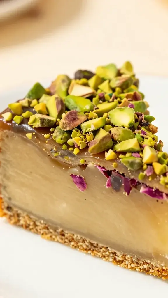 Closeup of rose honey tea cake slice with pistachio crown