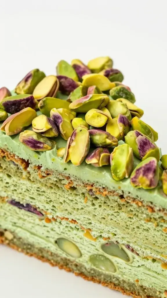 Closeup of pistachio topping on rose-infused cake slice